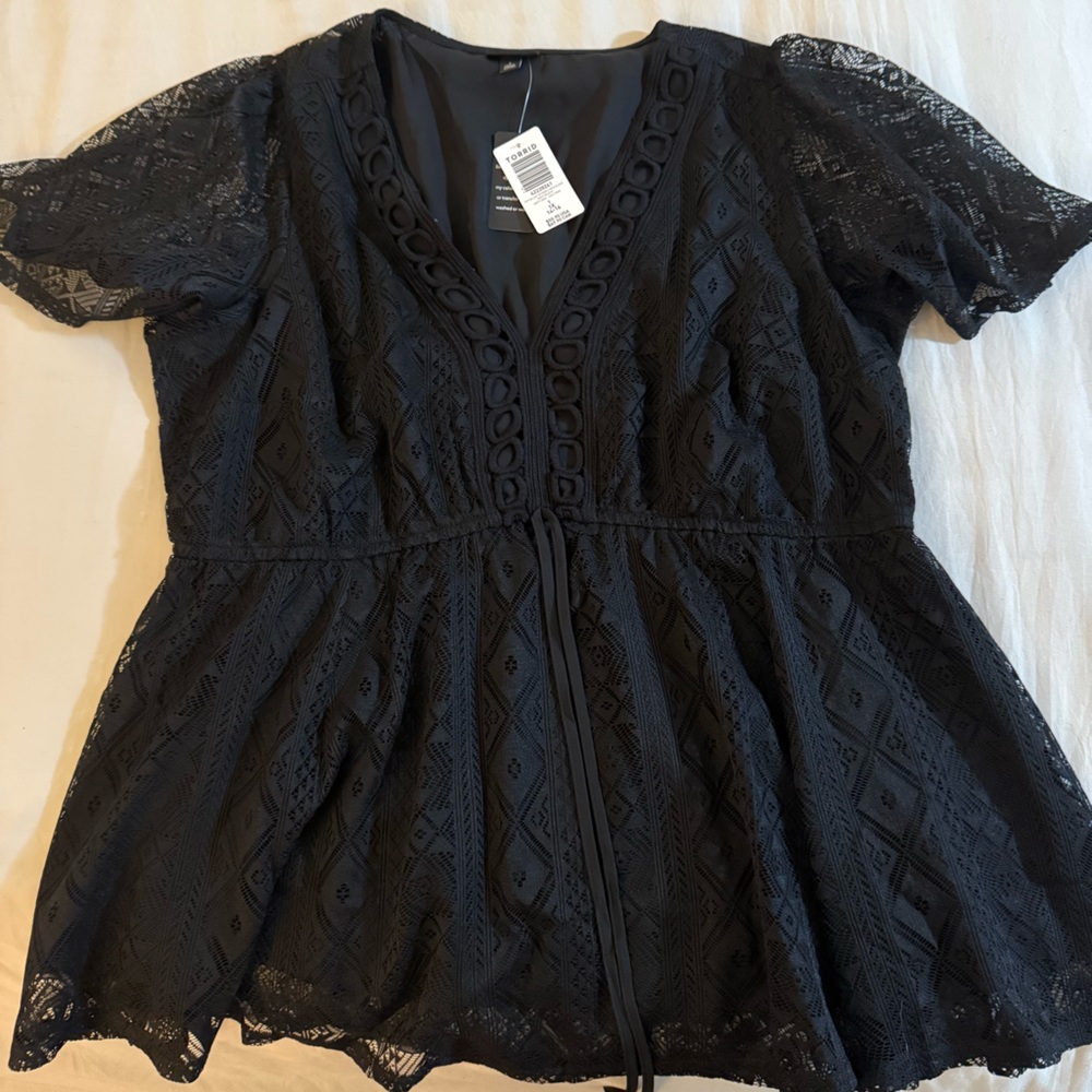 Torrid Black Embroidered Tie Waist V Neck Flowy Top